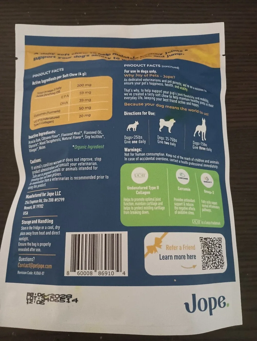 JOPE Hip & Joint Dog Chews - - 60 Soft Chews. New. 6/2028